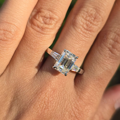 Emerald Cut Three Stone Ring 3.00 CT Emerald Cut Colorless Moissanite Engagement Ring Side Tapered Baguette Cut Proposal Anniversary Gift