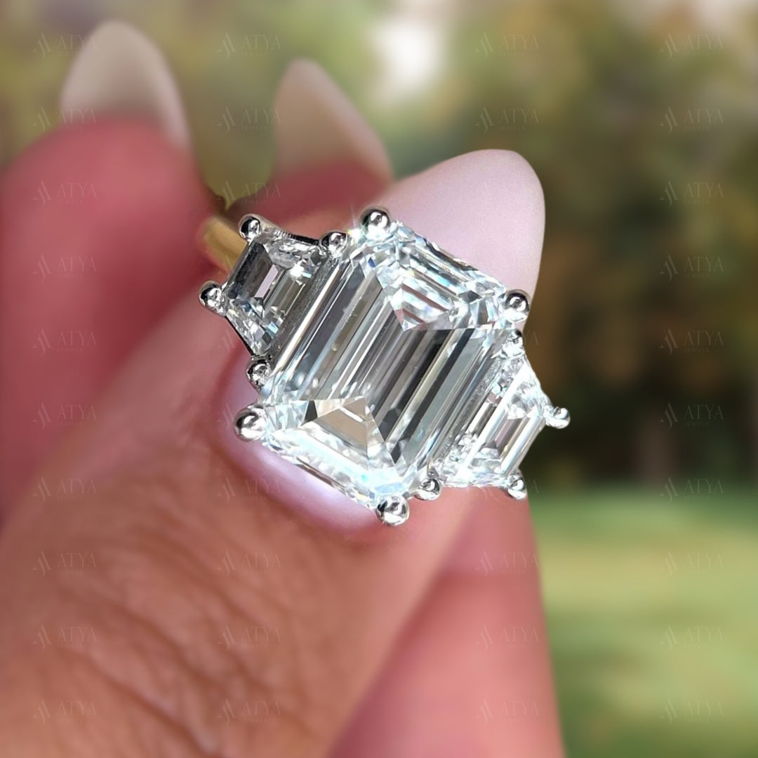 2.50 CT Emerald Cut IGI Certified Lab Grown Diamond Three Stone Engagement Ring Side Trapezoids Diamond Ring