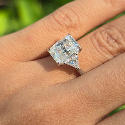 3.50 CT Radiant Cut Moissanite Stone Engagement Ring With Side Triangle Three Stone Best Minimalist Classic Wedding Ring