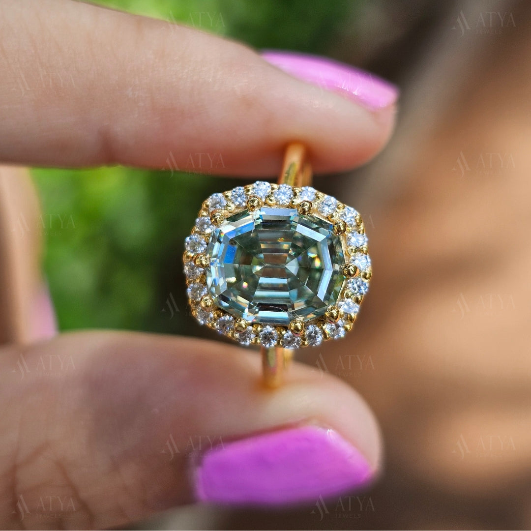 Green Octagon Cut Moissanite Diamond Ring Step Cut Engagement Ring Halo Colored Solitaire Ring Unique Anniversary Gift