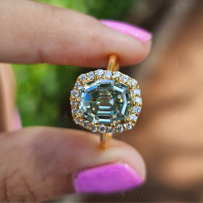 Green Octagon Cut Moissanite Diamond Ring Step Cut Engagement Ring Halo Colored Solitaire Ring Unique Anniversary Gift