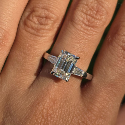 Emerald Cut Three Stone Ring 3.00 CT Emerald Cut Colorless Moissanite Engagement Ring Side Tapered Baguette Cut Proposal Anniversary Gift