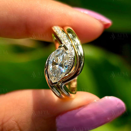 East-West Marquise Cut Moissanite Bridal Ring Set Unique Side Halo Design Wedding Ring Set