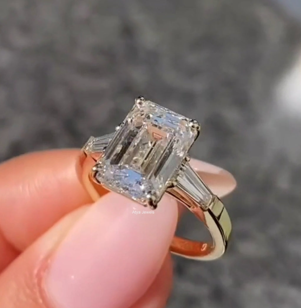 3.00 CT Emerald Cut Moissanite Three Stone Engagement Ring