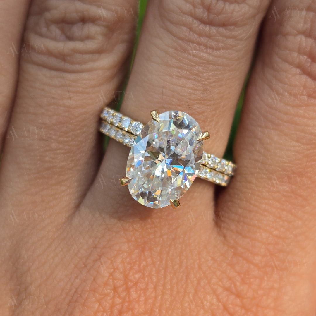 4.00 CT Oval Moissanite Wedding Bridal Set Ring Oval Cut Engagement Ring Set with Eternity Diamond Matching Band Hidden Halo Ring