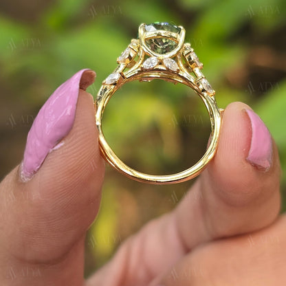 Vintage 2.50 CT Cyne Blue Portuguese Cut Moissanite Engagement Ring Side Marquise Diamond Nature Inspired Moissanite Ring