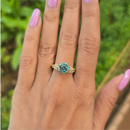 Vintage 2.50 CT Cyne Blue Portuguese Cut Moissanite Engagement Ring Side Marquise Diamond Nature Inspired Moissanite Ring