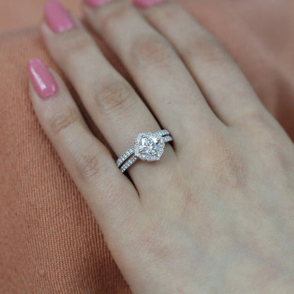 1.0 CT Floral Cushion Cut Moissanite Halo Bridal Engagement Ring Set