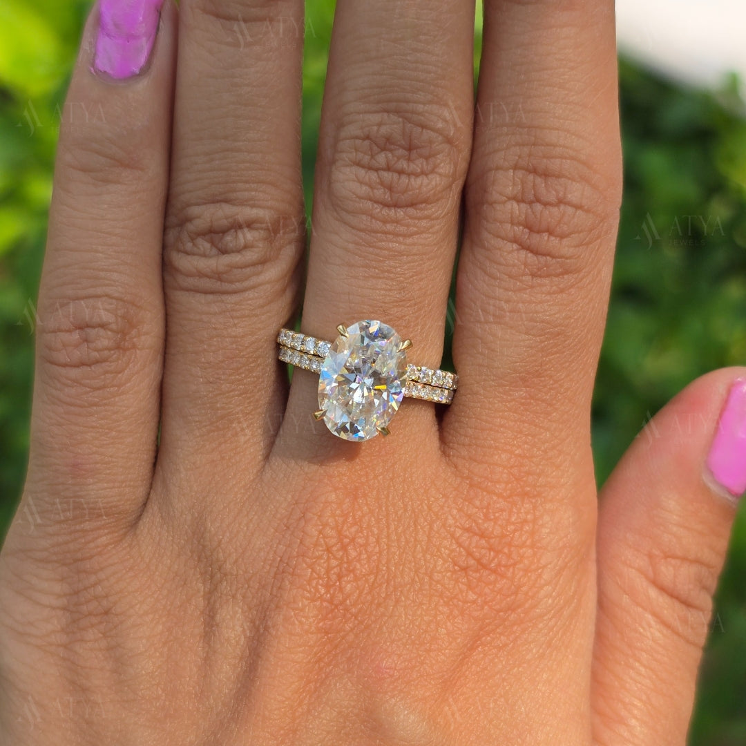 4.00 CT Oval Moissanite Wedding Bridal Set Ring Oval Cut Engagement Ring Set with Eternity Diamond Matching Band Hidden Halo Ring