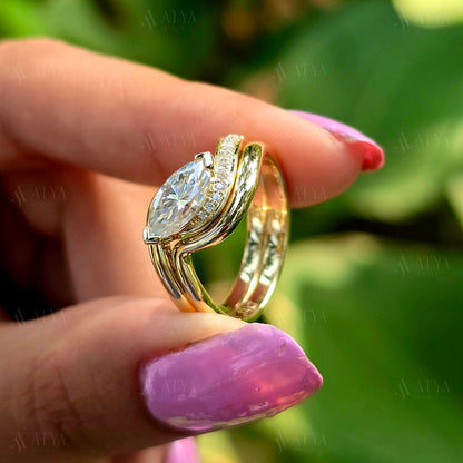 East-West Marquise Cut Moissanite Bridal Ring Set Unique Side Halo Design Wedding Ring Set