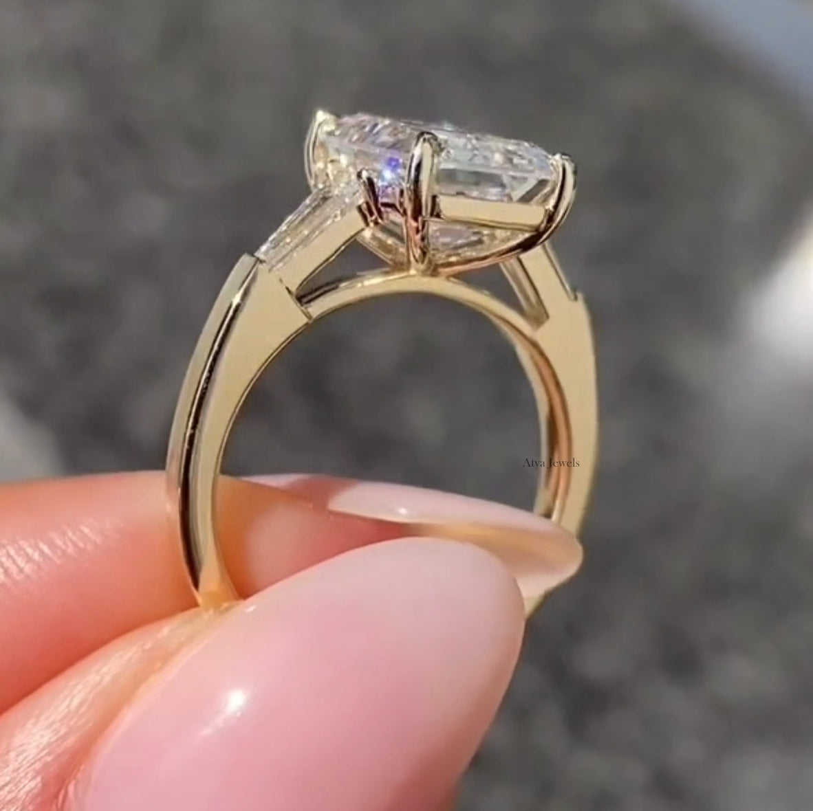 3.00 CT Emerald Cut Moissanite Three Stone Engagement Ring