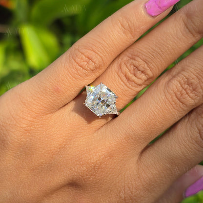 3.50 CT Radiant Cut Moissanite Stone Engagement Ring With Side Triangle Three Stone Best Minimalist Classic Wedding Ring