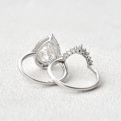 3.00 CT Pear Cut Moissanite Halo Engagement Ring with Curved Stacking Band