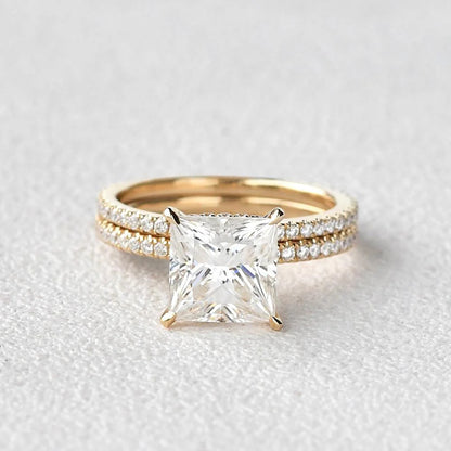 2.00 CT Princess Cut Moissanite Hidden Halo Engagement Ring with Full Eternity Wedding Band