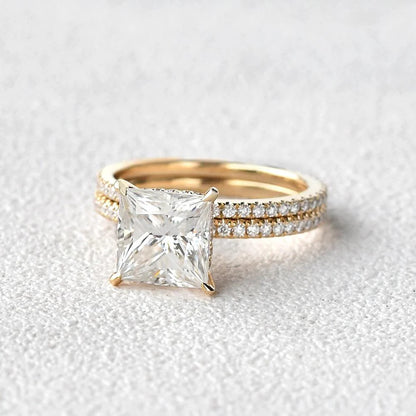 2.00 CT Princess Cut Moissanite Hidden Halo Engagement Ring with Full Eternity Wedding Band