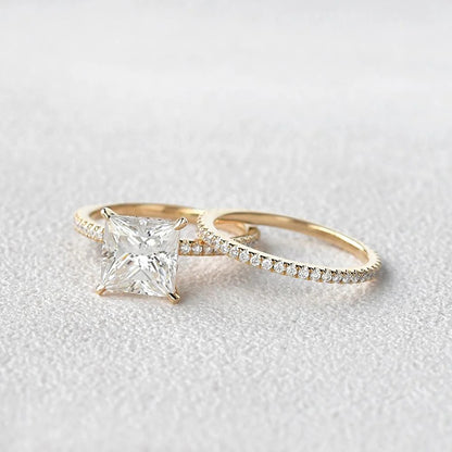 2.00 CT Princess Cut Moissanite Hidden Halo Engagement Ring with Full Eternity Wedding Band
