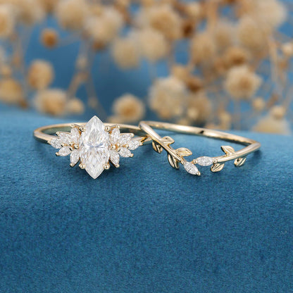 1.50 CT Marquise Cut Moissanite Nature Inspired Bridal Ring Set