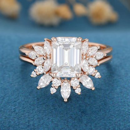 2.00 CT Emerald Cut Moissanite Cluster Bridal Ring Set