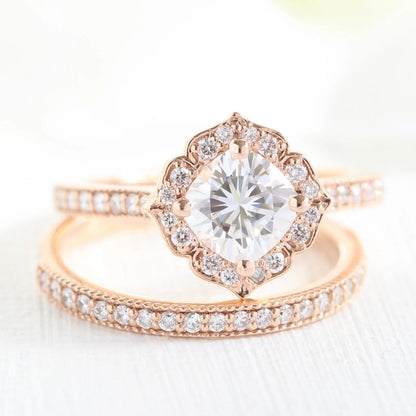 1.0 CT Floral Cushion Cut Moissanite Halo Bridal Engagement Ring Set