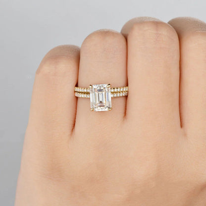 2.00 CT Emerald Cut Hidden Halo Moissanite Bridal Wedding Ring Set