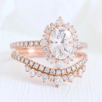 2.00 CT Oval Cut Moissanite Halo Pave Bridal Wedding Ring Set