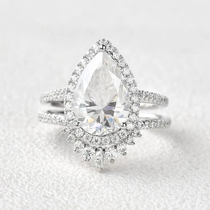 3.00 CT Pear Cut Moissanite Halo Engagement Ring with Curved Stacking Band