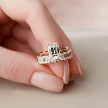 2.50 CT Emerald Cut Moissanite Solitaire Hidden Halo Bridal Wedding Ring Set