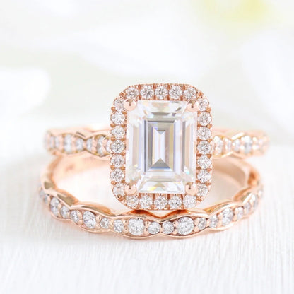 1.50 CT Emerald Cut Moissanite Halo Bridal Wedding Ring Set