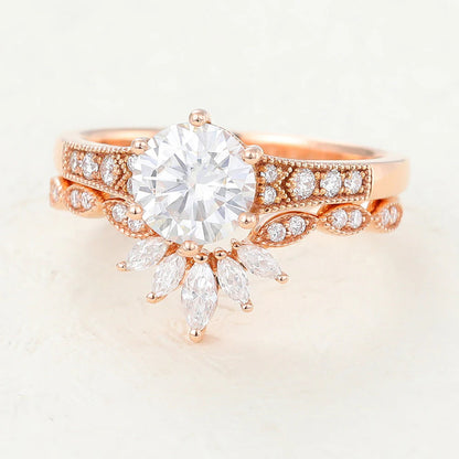 1.50 CT Round Moissanite Milgrain Bridal Ring Set