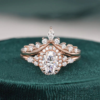 2.00 CT Oval Cut Cluster Halo Moissanite Bridal Ring Set