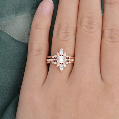 1.50 CT Vintage Emerald Cut Solitaire Pave Setting Moissanite Bridal Ring Set