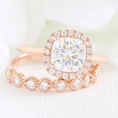 2.00 CT Vintage Cushion Cut Moissanite Halo Bridal Engagement Ring Set