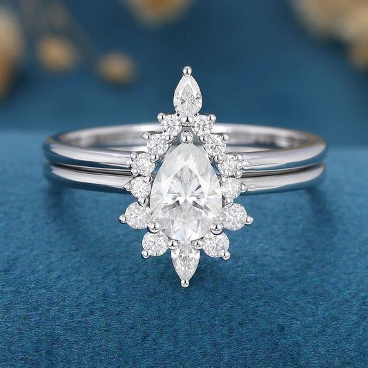 1.50 CT Pear Cut Moissanite Halo Bridal Ring Set