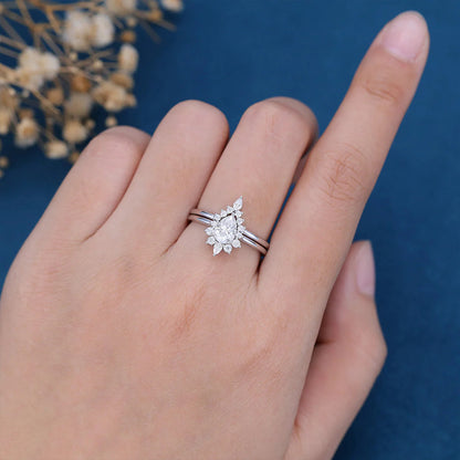 1.50 CT Pear Cut Moissanite Halo Bridal Ring Set