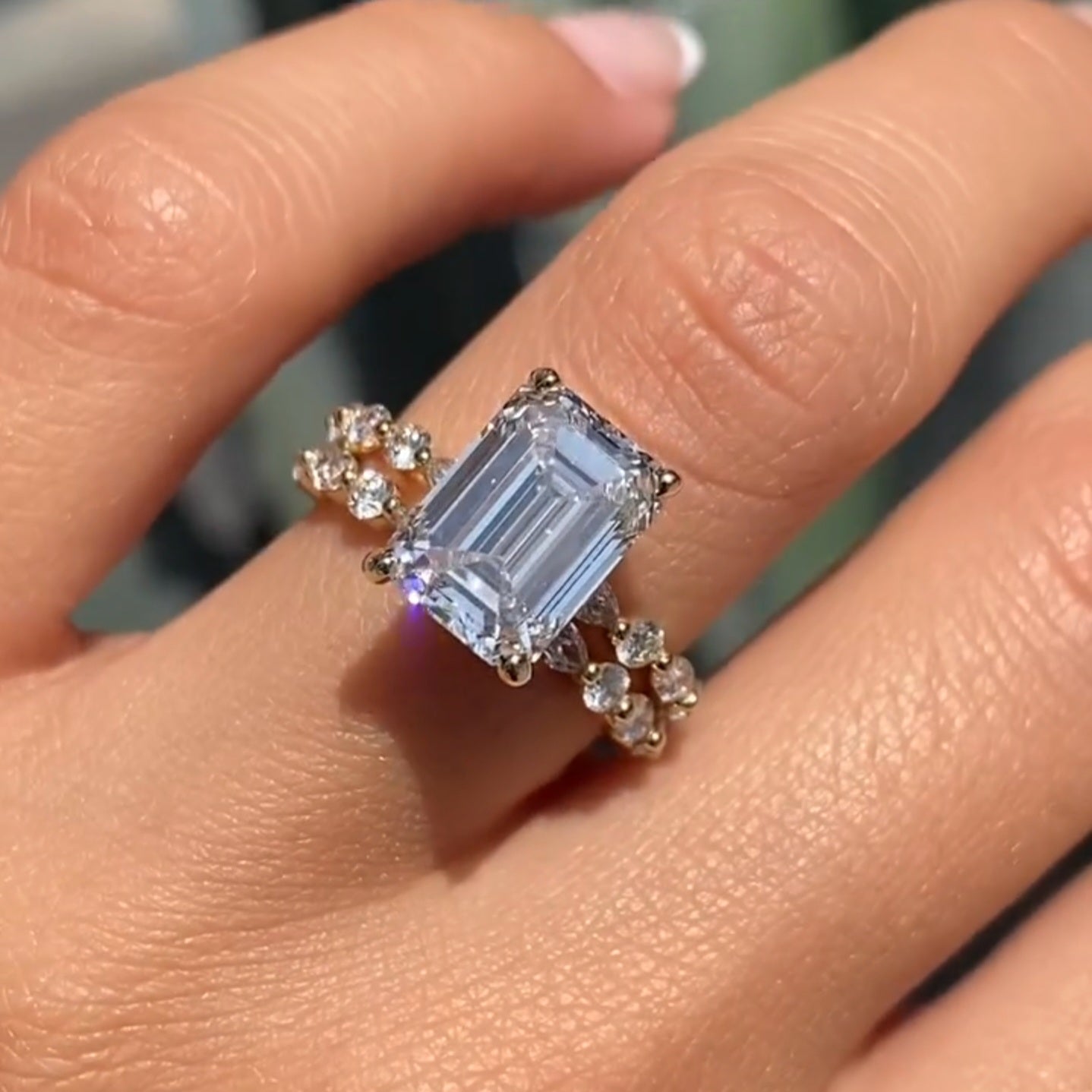 3.50 CT Emerald Cut Hidden Halo Moissanite Engagement Bridal Ring Set