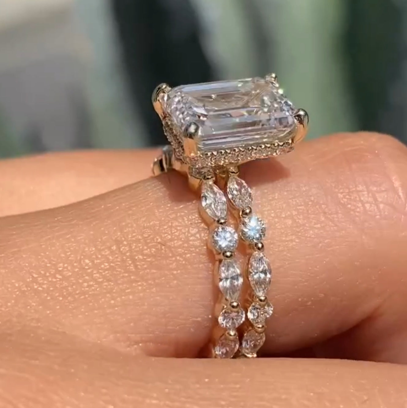 3.50 CT Emerald Cut Hidden Halo Moissanite Engagement Bridal Ring Set