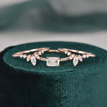1.50 CT Vintage Emerald Cut Solitaire Pave Setting Moissanite Bridal Ring Set