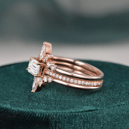 1.50 CT Vintage Emerald Cut Solitaire Pave Setting Moissanite Bridal Ring Set