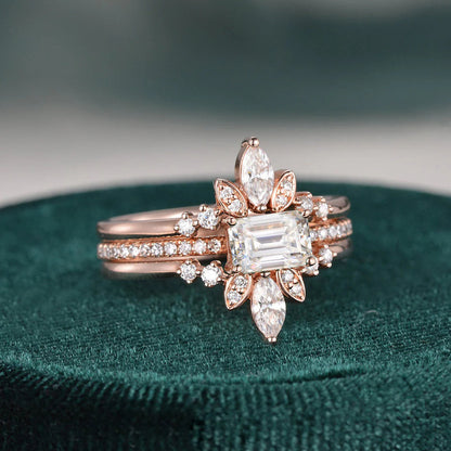 1.50 CT Vintage Emerald Cut Solitaire Pave Setting Moissanite Bridal Ring Set