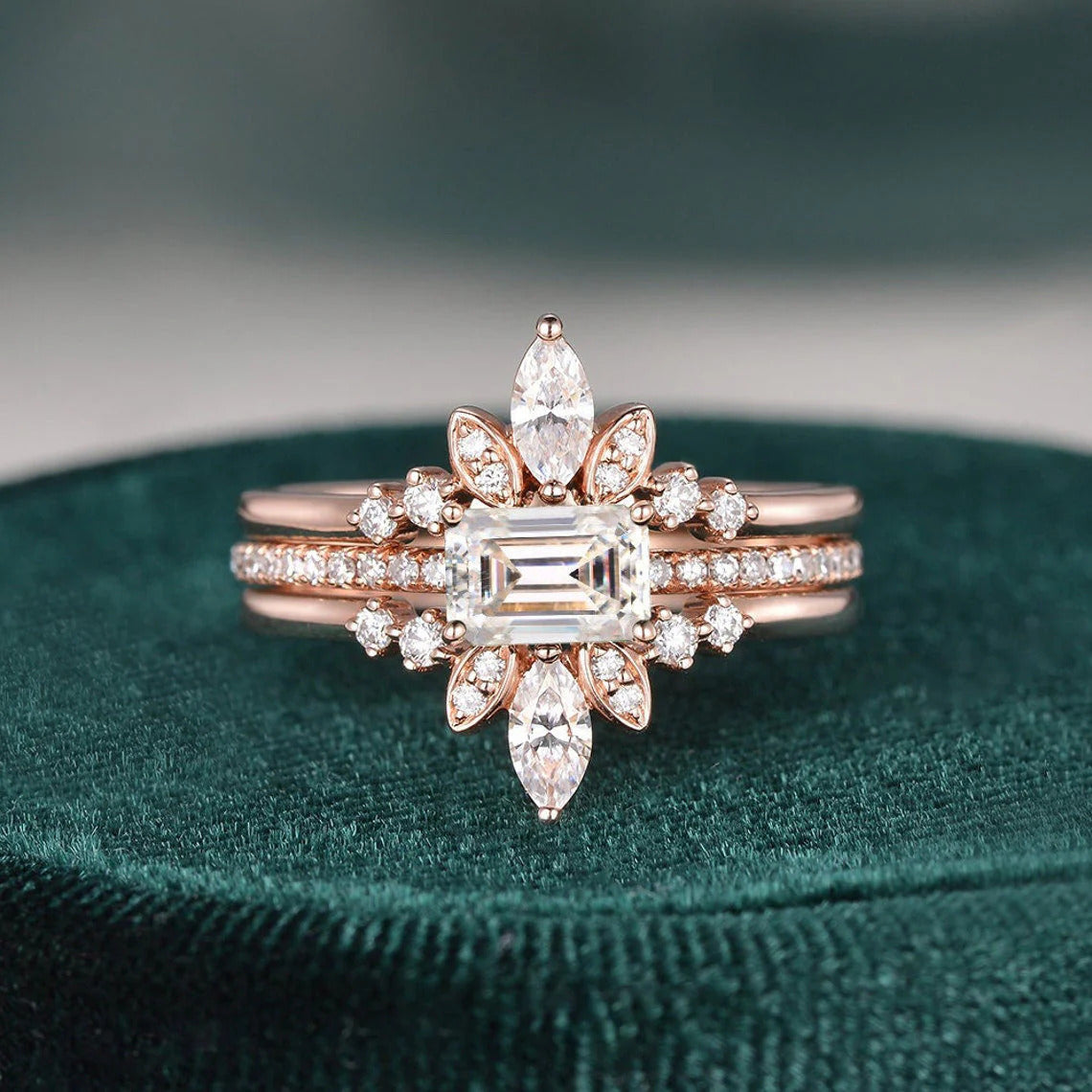 1.50 CT Vintage Emerald Cut Solitaire Pave Setting Moissanite Bridal Ring Set