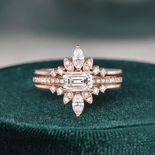 1.50 CT Vintage Emerald Cut Solitaire Pave Setting Moissanite Bridal Ring Set