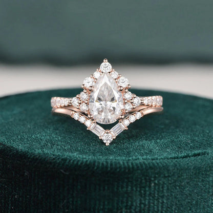 2.00 CT Pear Cut  Art Deco Moissanite Bridal Wedding Ring Set