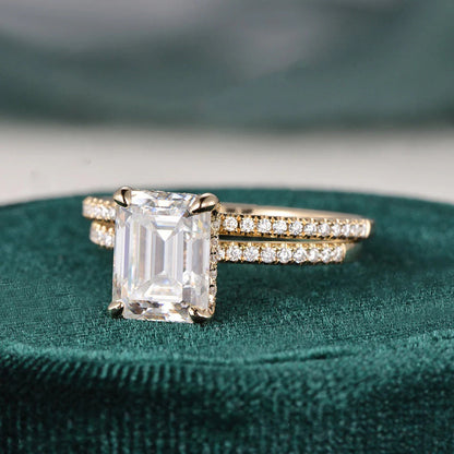 2.00 CT Emerald Cut Hidden Halo Moissanite Bridal Wedding Ring Set