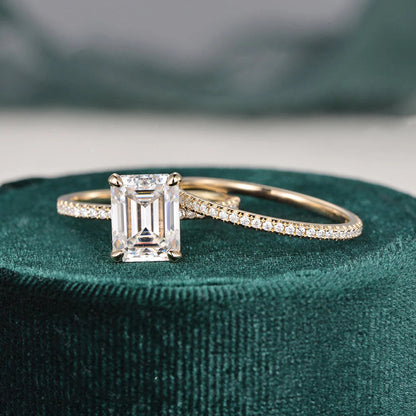 2.00 CT Emerald Cut Hidden Halo Moissanite Bridal Wedding Ring Set