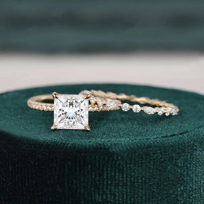2.0 CT Princess Cut Solitaire Moissanite Bridal Ring Set