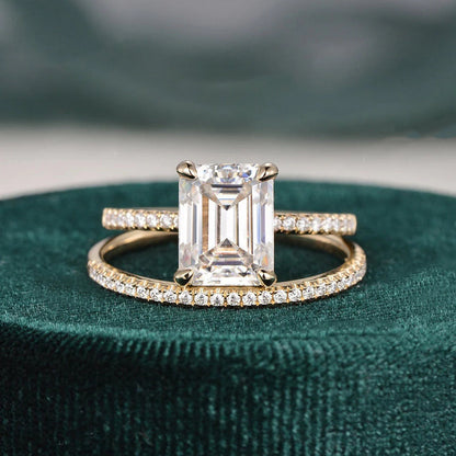 2.00 CT Emerald Cut Hidden Halo Moissanite Bridal Wedding Ring Set