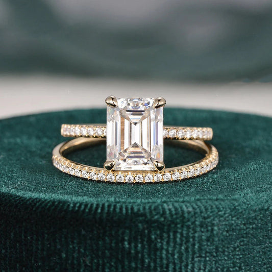 2.00 CT Emerald Cut Hidden Halo Moissanite Bridal Wedding Ring Set