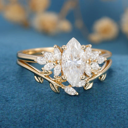 1.50 CT Marquise Cut Moissanite Nature Inspired Bridal Ring Set