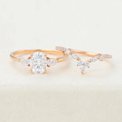 2.00 CT Oval Cut Moissanite Three Stones Bridal Ring Set