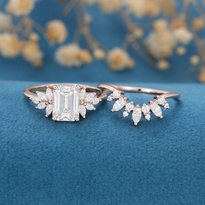 2.00 CT Emerald Cut Moissanite Cluster Bridal Ring Set